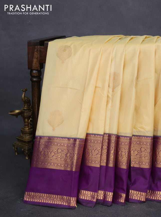 Bangalori silk saree pale yellow and violet with zari woven buttas and rettapet zari woven border