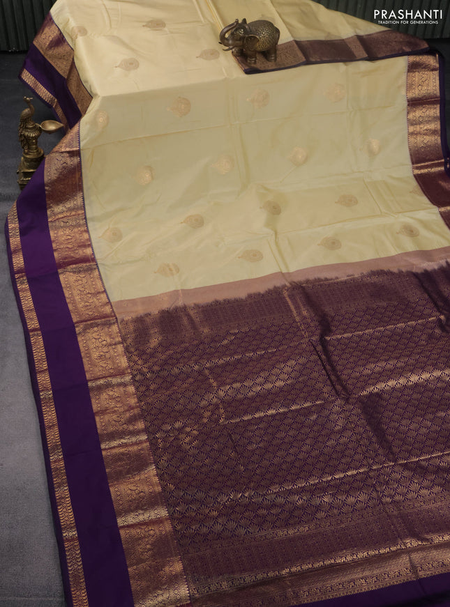 Bangalori silk saree pale yellow and violet with zari woven buttas and rettapet zari woven border
