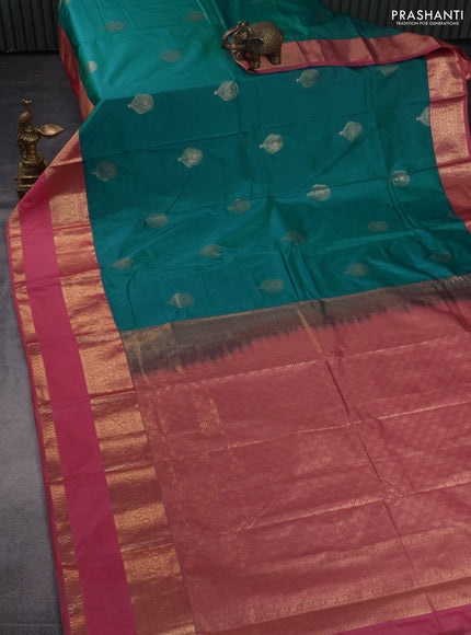 Bangalori silk saree teal blue and pink shade with zari woven buttas and rettapet zari woven border