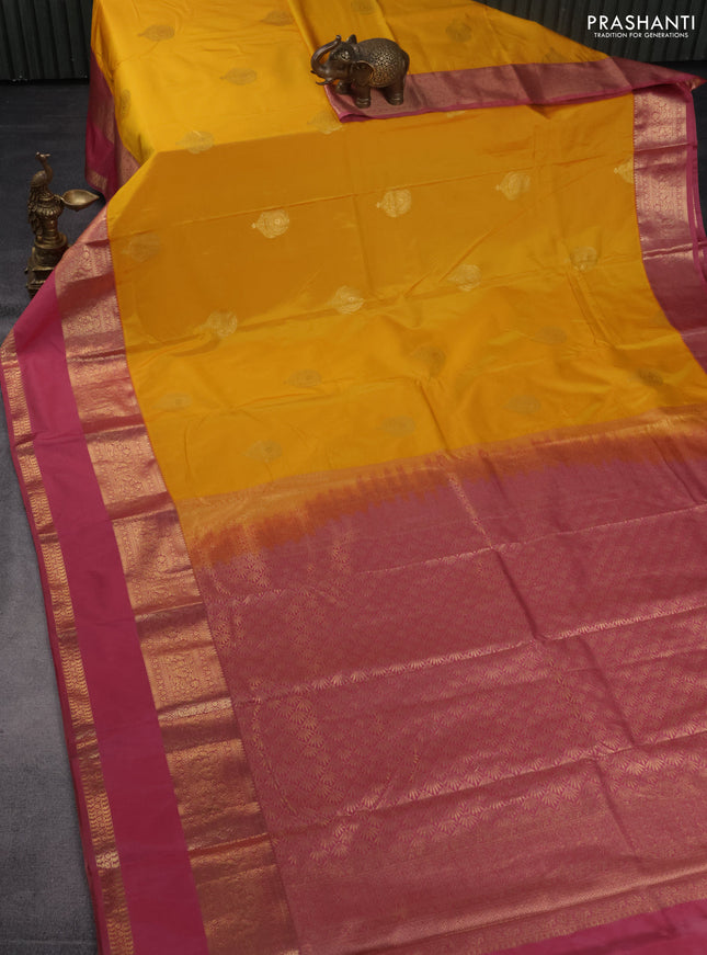 Bangalori silk saree mango yellow and pink with zari woven buttas and rettapet zari woven border