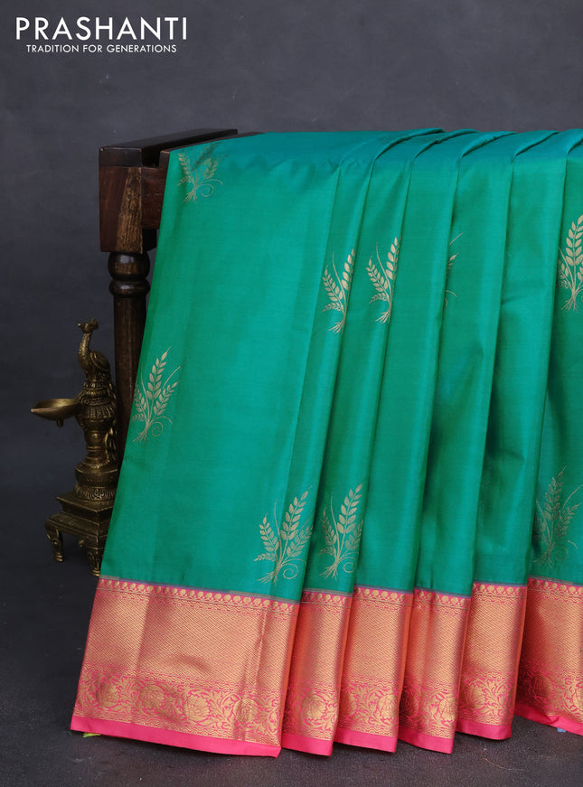 Bangalori silk saree green and pink with zari woven buttas and zari woven border