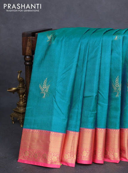 Bangalori silk saree teal blue and pink with zari woven buttas and zari woven border