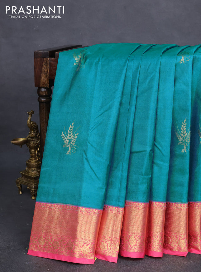 Bangalori silk saree teal blue and pink with zari woven buttas and zari woven border