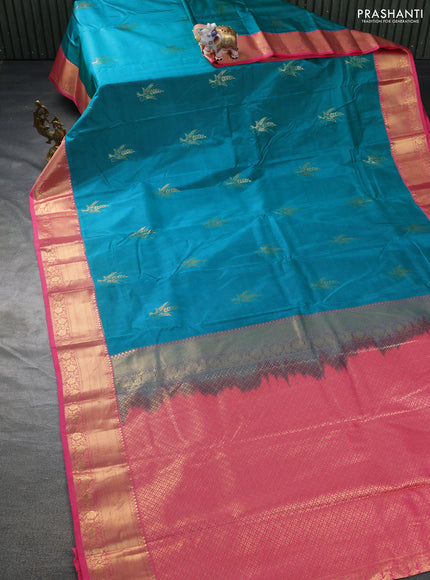 Bangalori silk saree teal blue and pink with zari woven buttas and zari woven border