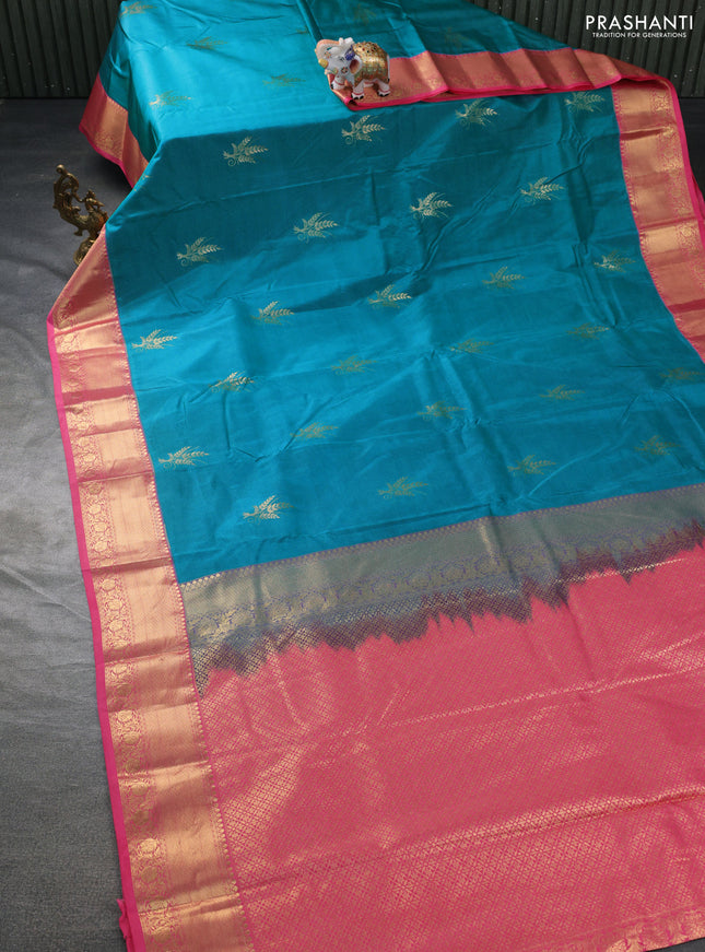 Bangalori silk saree teal blue and pink with zari woven buttas and zari woven border