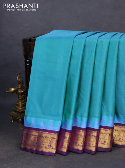 10yards pure silk saree teal green shade and purple with plain body and temple design zari woven border