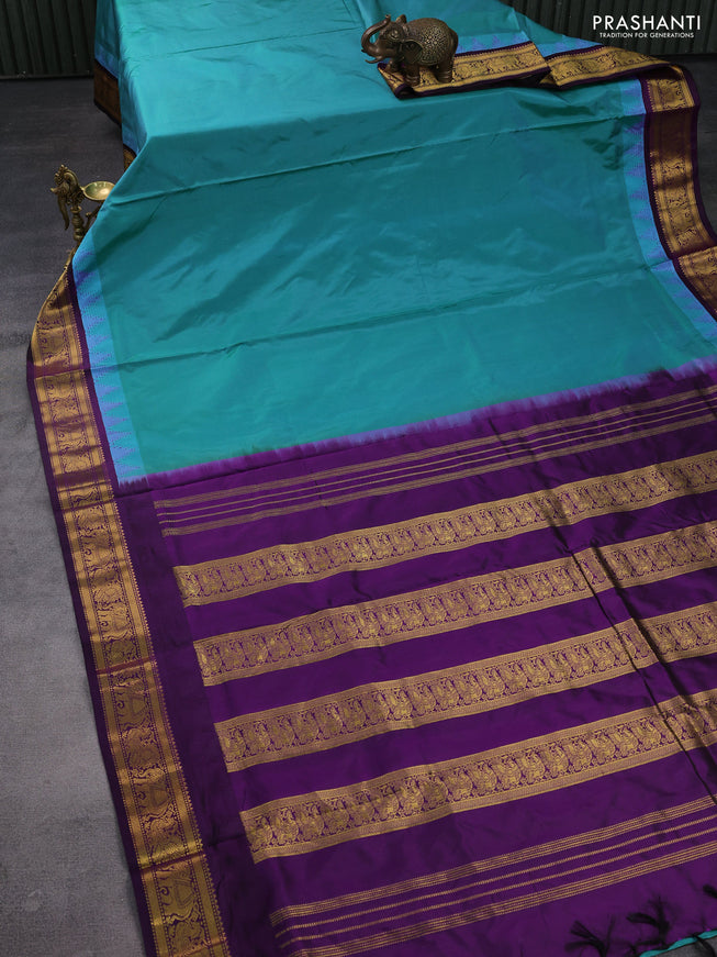10yards pure silk saree teal green shade and purple with plain body and temple design zari woven border