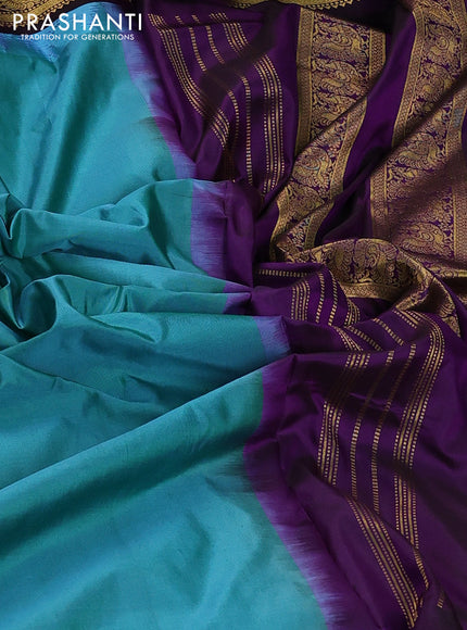 10yards pure silk saree teal green shade and purple with plain body and temple design zari woven border