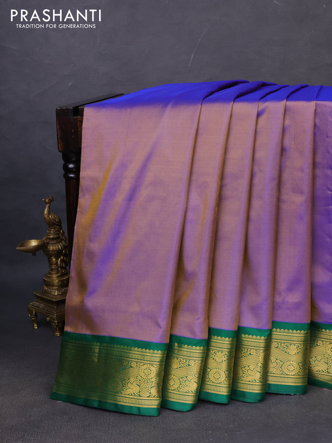 10yards pure silk saree dual shade of violet and green with plain body and zari woven korvai border