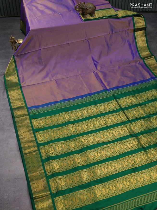 10yards pure silk saree dual shade of violet and green with plain body and zari woven korvai border