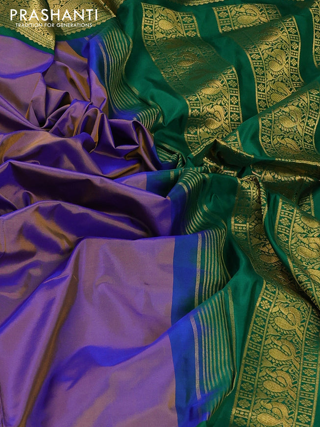 10yards pure silk saree dual shade of violet and green with plain body and zari woven korvai border