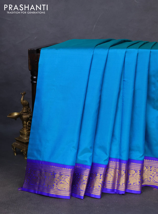 10yards pure silk saree dual shade of blue and blue with plain body and zari woven korvai border