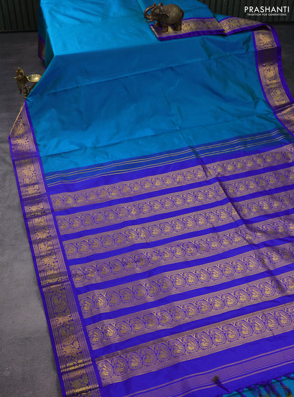 10yards pure silk saree dual shade of blue and blue with plain body and zari woven korvai border