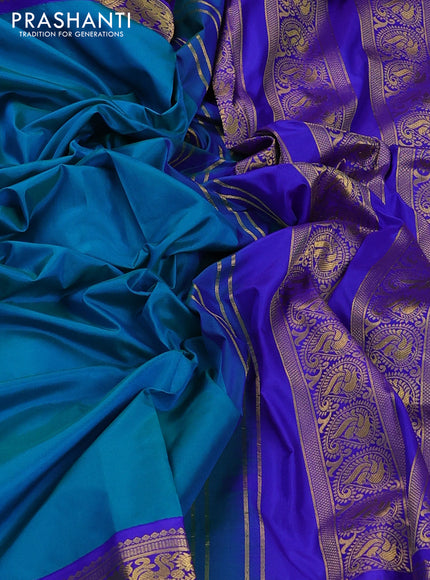 10yards pure silk saree dual shade of blue and blue with plain body and zari woven korvai border