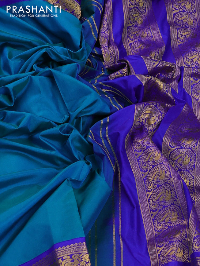 10yards pure silk saree dual shade of blue and blue with plain body and zari woven korvai border