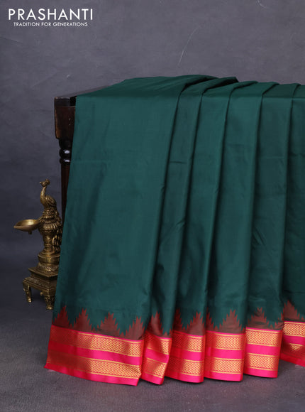 10yards pure silk saree bottle green and pink with plain body and temple design rettapet zari woven border