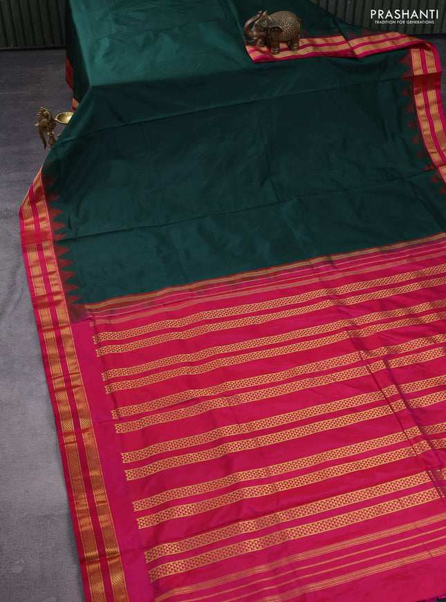 10yards pure silk saree bottle green and pink with plain body and temple design rettapet zari woven border