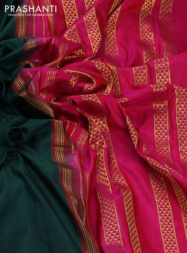 10yards pure silk saree bottle green and pink with plain body and temple design rettapet zari woven border