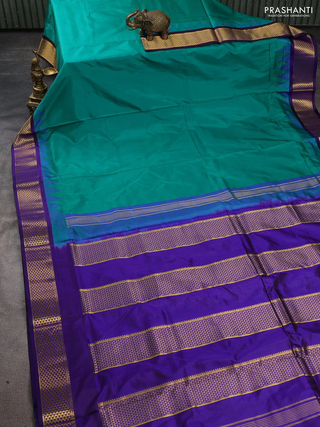 10yards pure silk saree green and blue with plain body and temple design zari woven border