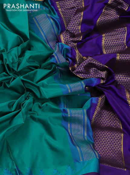 10yards pure silk saree green and blue with plain body and temple design zari woven border