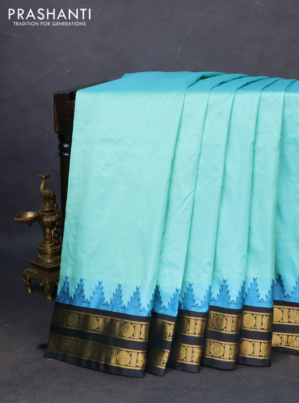 10yards pure silk saree teal shade and bottle green with plain body and temple design rettapet zari woven border