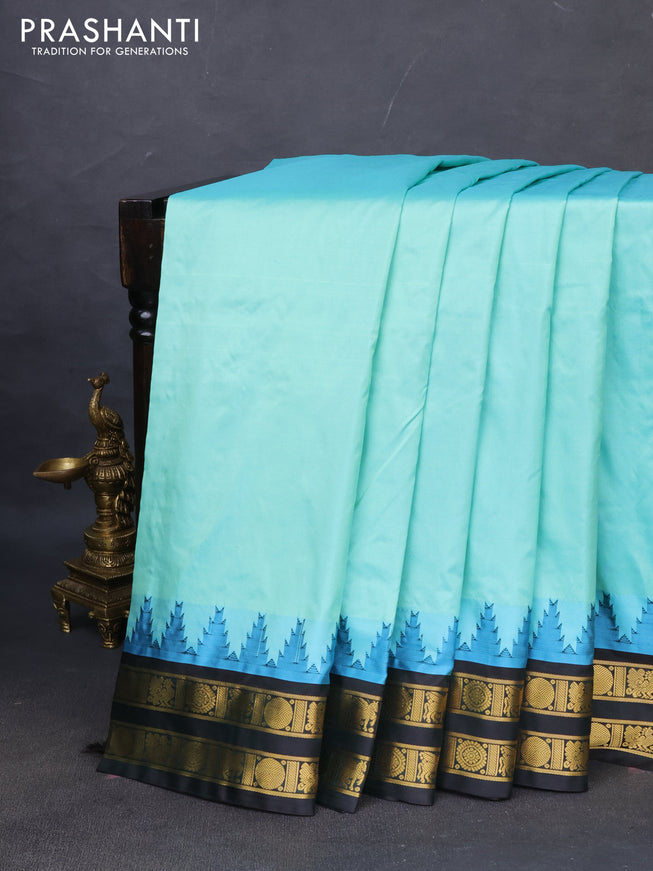 10yards pure silk saree teal shade and bottle green with plain body and temple design rettapet zari woven border
