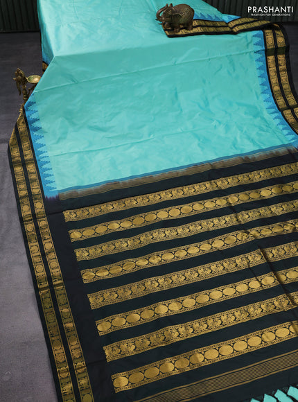 10yards pure silk saree teal shade and bottle green with plain body and temple design rettapet zari woven border