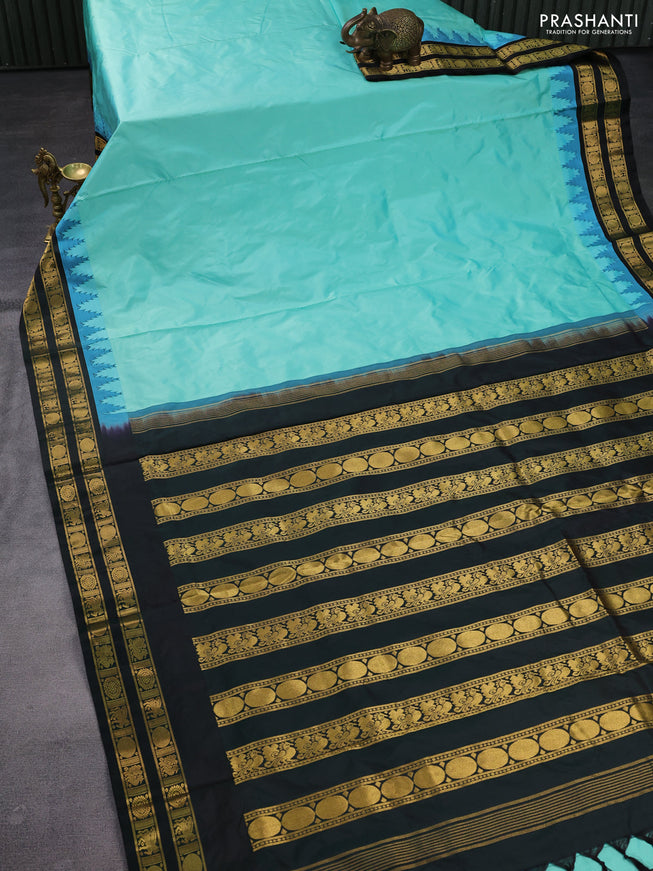 10yards pure silk saree teal shade and bottle green with plain body and temple design rettapet zari woven border