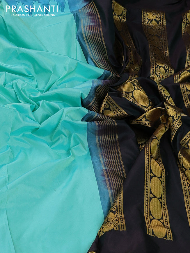 10yards pure silk saree teal shade and bottle green with plain body and temple design rettapet zari woven border