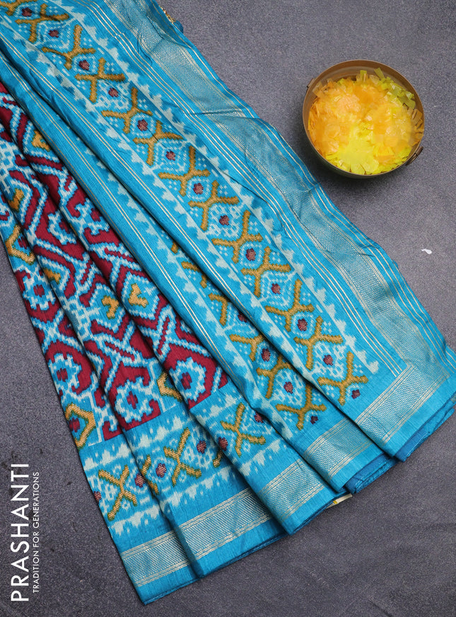 Semi pochampally silk saree teal blue with allover ikat weaves and zari woven border