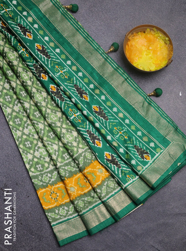 Semi pochampally silk saree green shade and yellow with allover ikat weaves and zari woven border