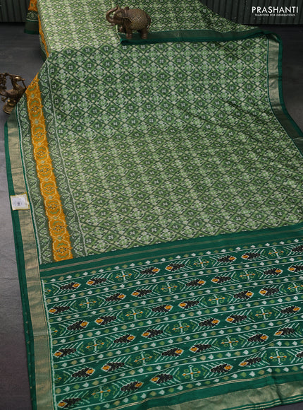 Semi pochampally silk saree green shade and yellow with allover ikat weaves and zari woven border
