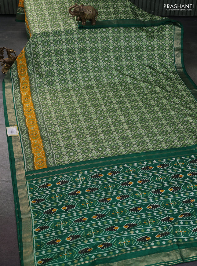 Semi pochampally silk saree green shade and yellow with allover ikat weaves and zari woven border