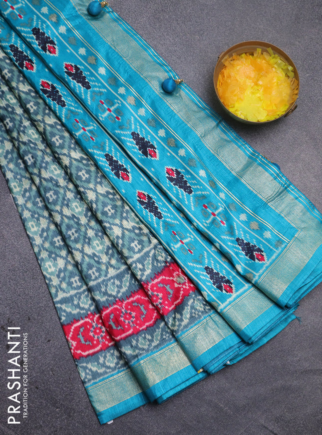 Semi pochampally silk saree greyish blue and teal blue with allover ikat weaves and zari woven border