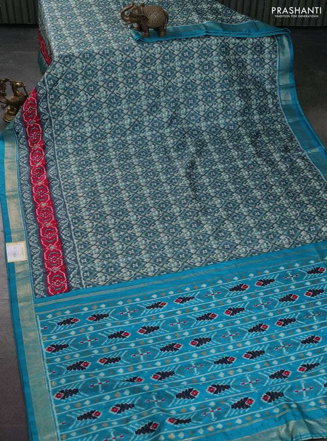 Semi pochampally silk saree greyish blue and teal blue with allover ikat weaves and zari woven border