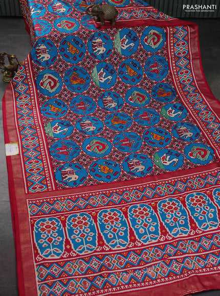 Semi pochampally silk saree teal blue and pink with patola prints and zari woven border