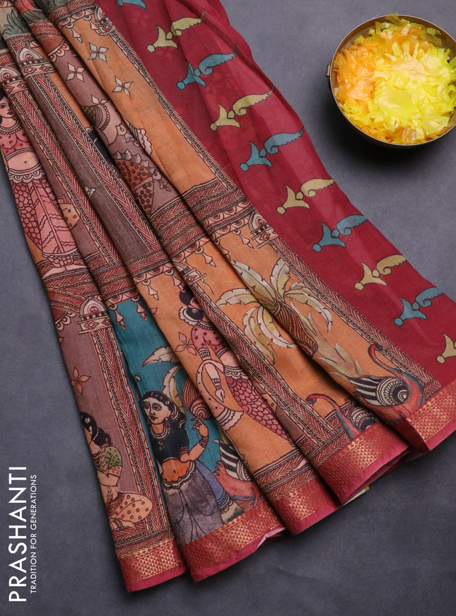 Mul cotton saree peach orange and maroon with kalamkari prints and zari woven border