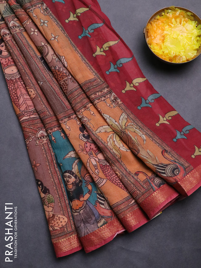 Mul cotton saree peach orange and maroon with kalamkari prints and zari woven border