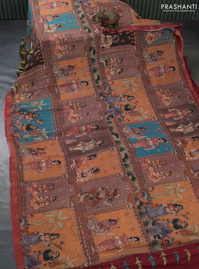 Mul cotton saree peach orange and maroon with kalamkari prints and zari woven border