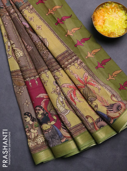 Mul cotton saree multi colour and green with kalamkari prints and zari woven border