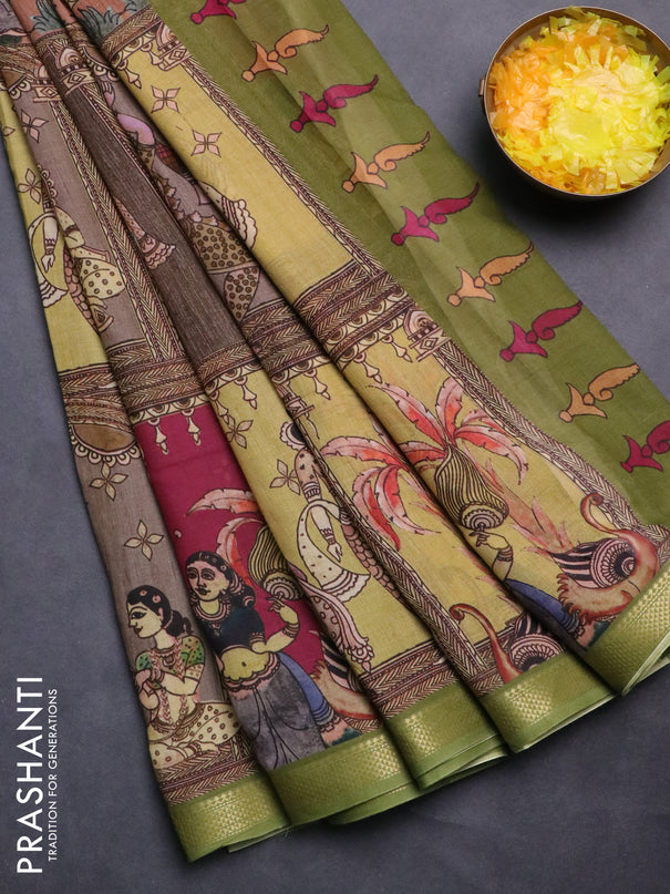 Mul cotton saree multi colour and green with kalamkari prints and zari woven border
