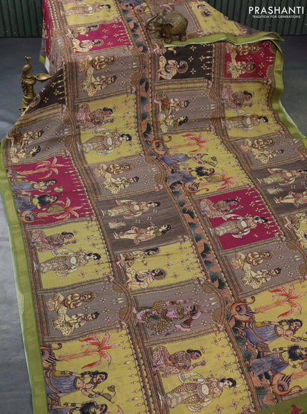 Mul cotton saree multi colour and green with kalamkari prints and zari woven border