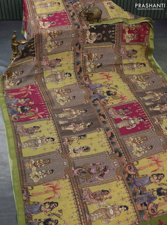 Mul cotton saree multi colour and green with kalamkari prints and zari woven border