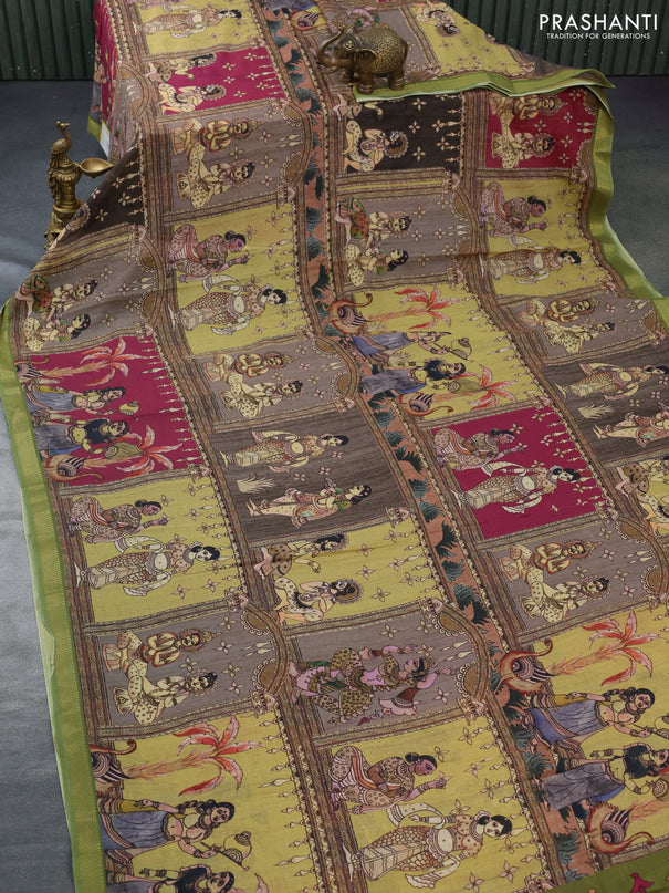 Mul cotton saree multi colour and green with kalamkari prints and zari woven border