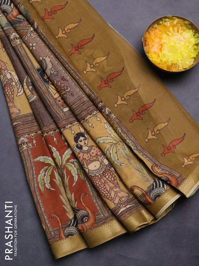 Mul cotton saree multi colour and mehendi green with kalamkari prints and zari woven border