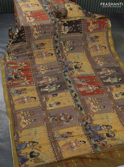 Mul cotton saree multi colour and mehendi green with kalamkari prints and zari woven border