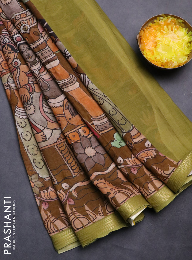 Mul cotton saree dark mustard and green with kalamkari prints and zari woven border