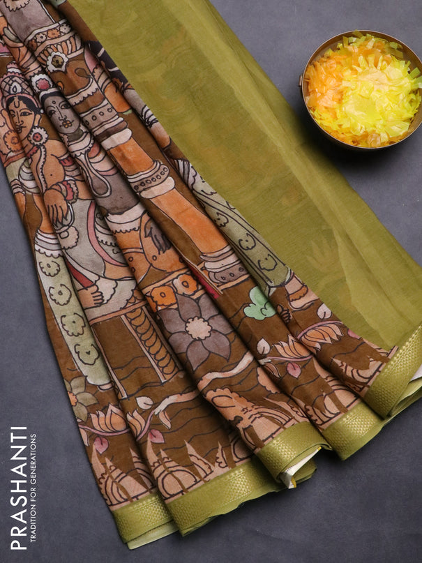 Mul cotton saree dark mustard and green with kalamkari prints and zari woven border
