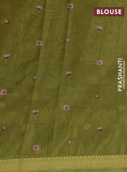 Mul cotton saree dark mustard and green with kalamkari prints and zari woven border