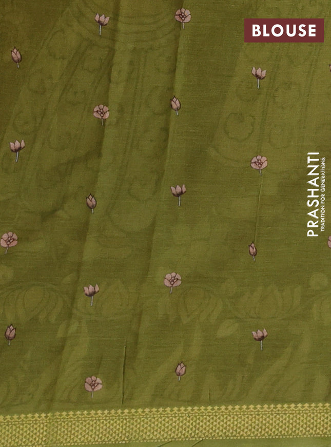 Mul cotton saree dark mustard and green with kalamkari prints and zari woven border
